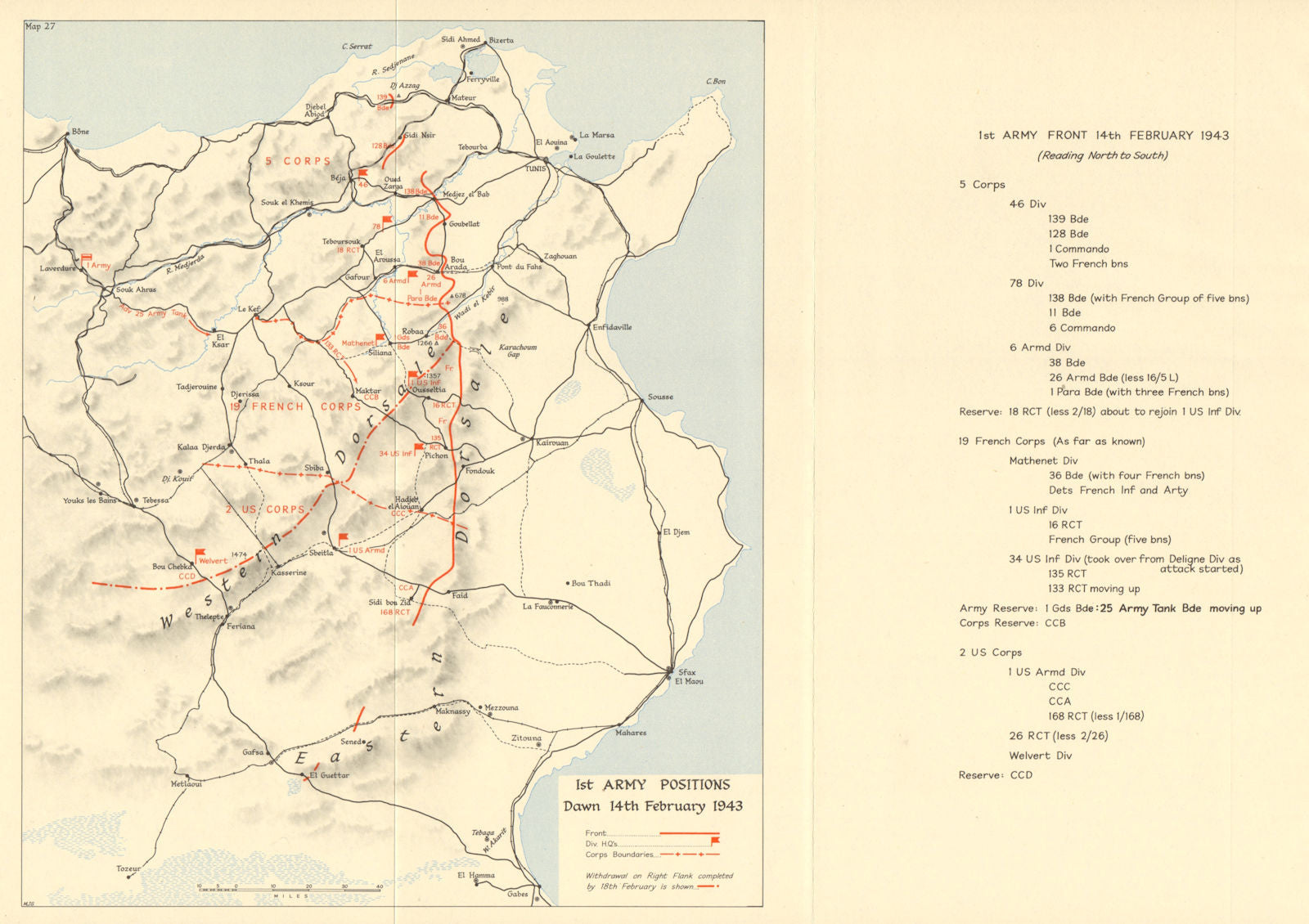 Battle of Sidi Bou Zid. Tunisia. 1st Army 14 February 1943. World War 2 1966 map